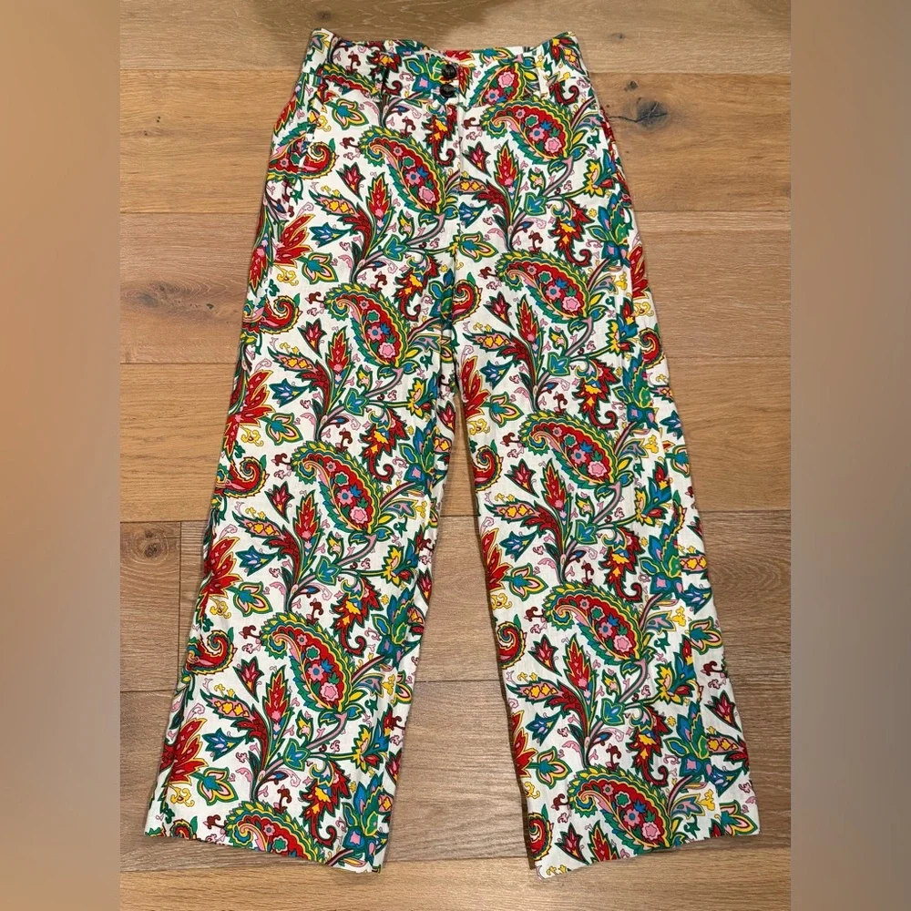 BODEN Ivory Paisley Wide Leg Pants Size 2-Petite 100% Linen Multicolor - Picture 2 of 11